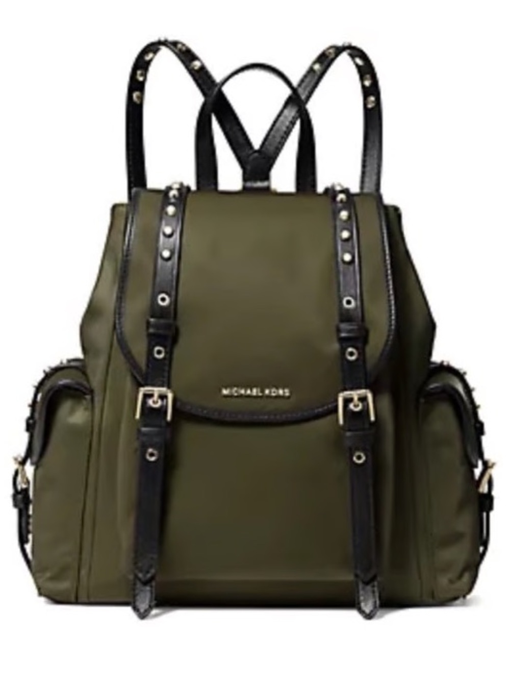 Michael Kors Leila Flap Medium Nylon Backpack Bag Green /Gold Studs